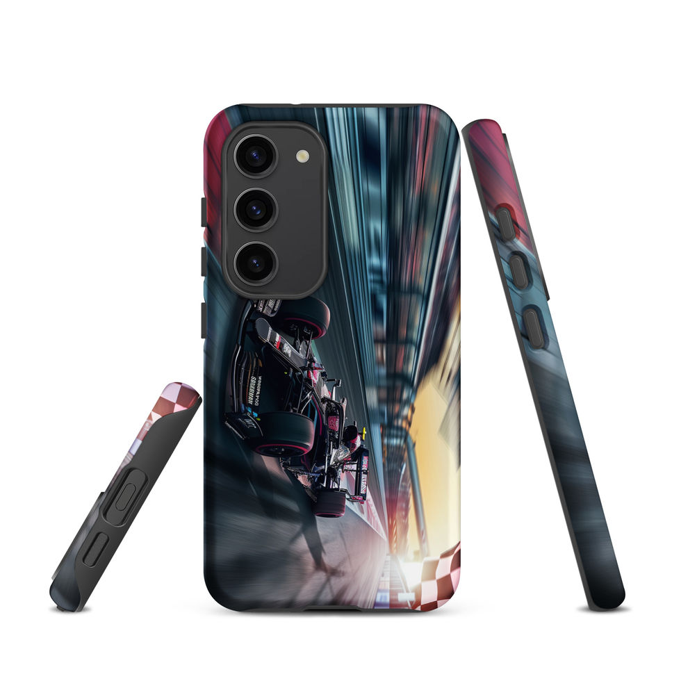 Final Lap Tough case for Galaxy S23, dark race car and blurred track artwork, rear and side views on white