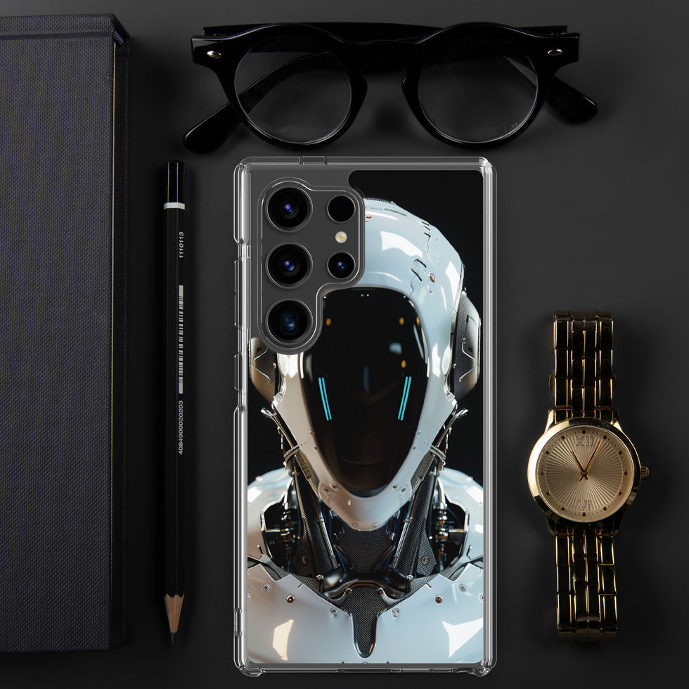 Void Sentinel clear Samsung case – rear case view showing the centred white-armoured robot