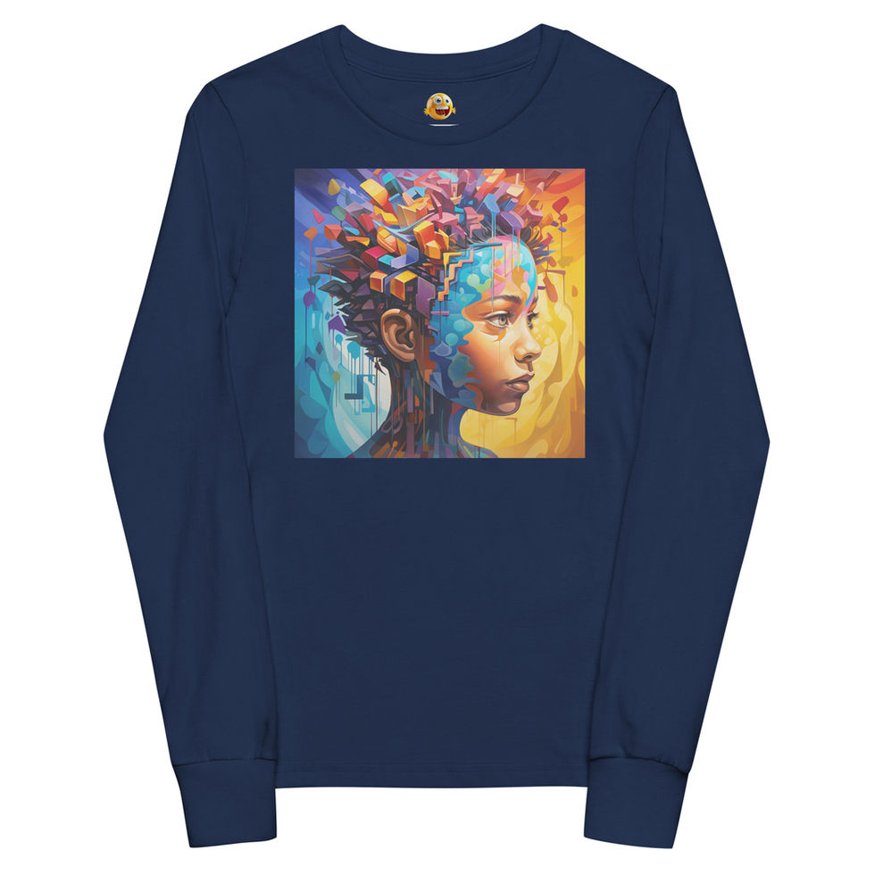 Artistic Brilliance: navy blue youth long-sleeve T-shirt with young face with colourful geometric shards