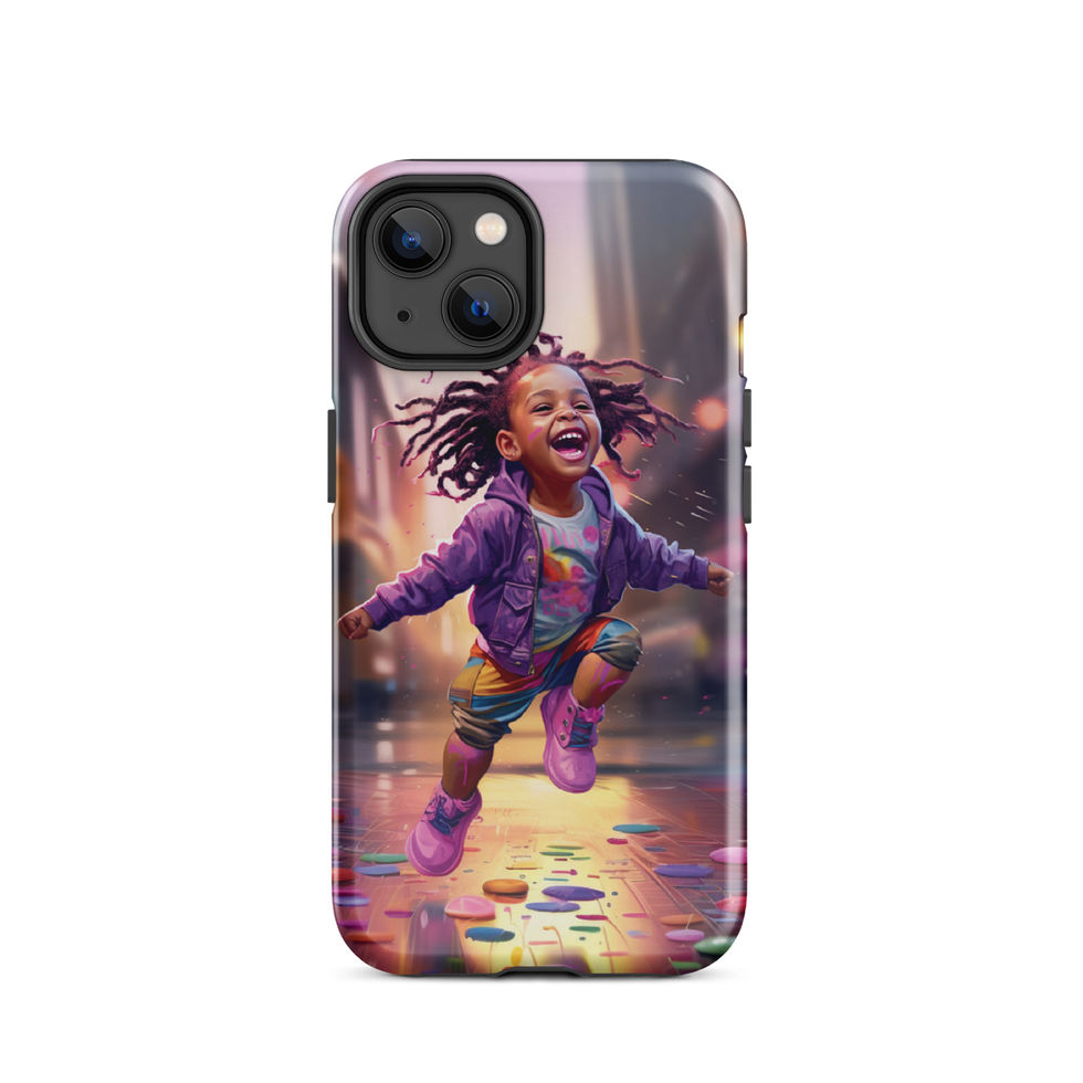 Plus iPhone 14 Plus case showing a child racing through neon streets