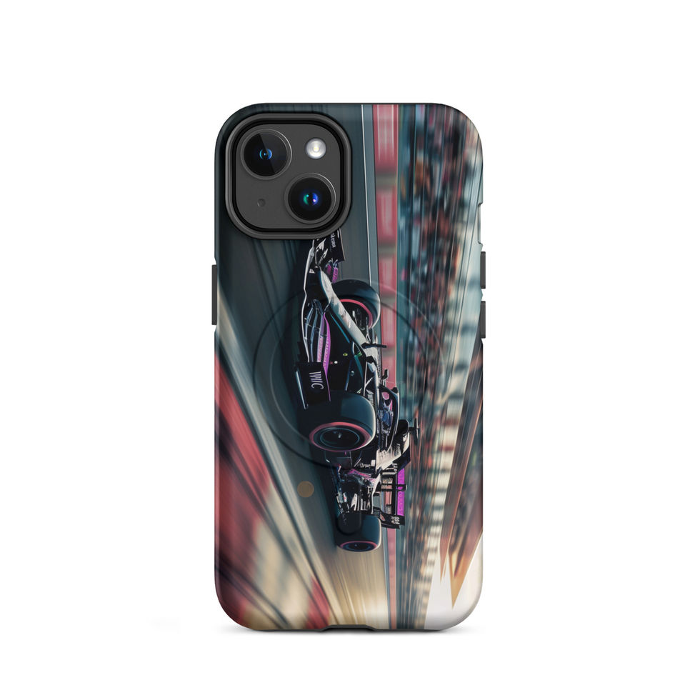 Black n Purple Power MagSafe Tough case for iPhone 14, black and purple race car artwork, rear view on white
