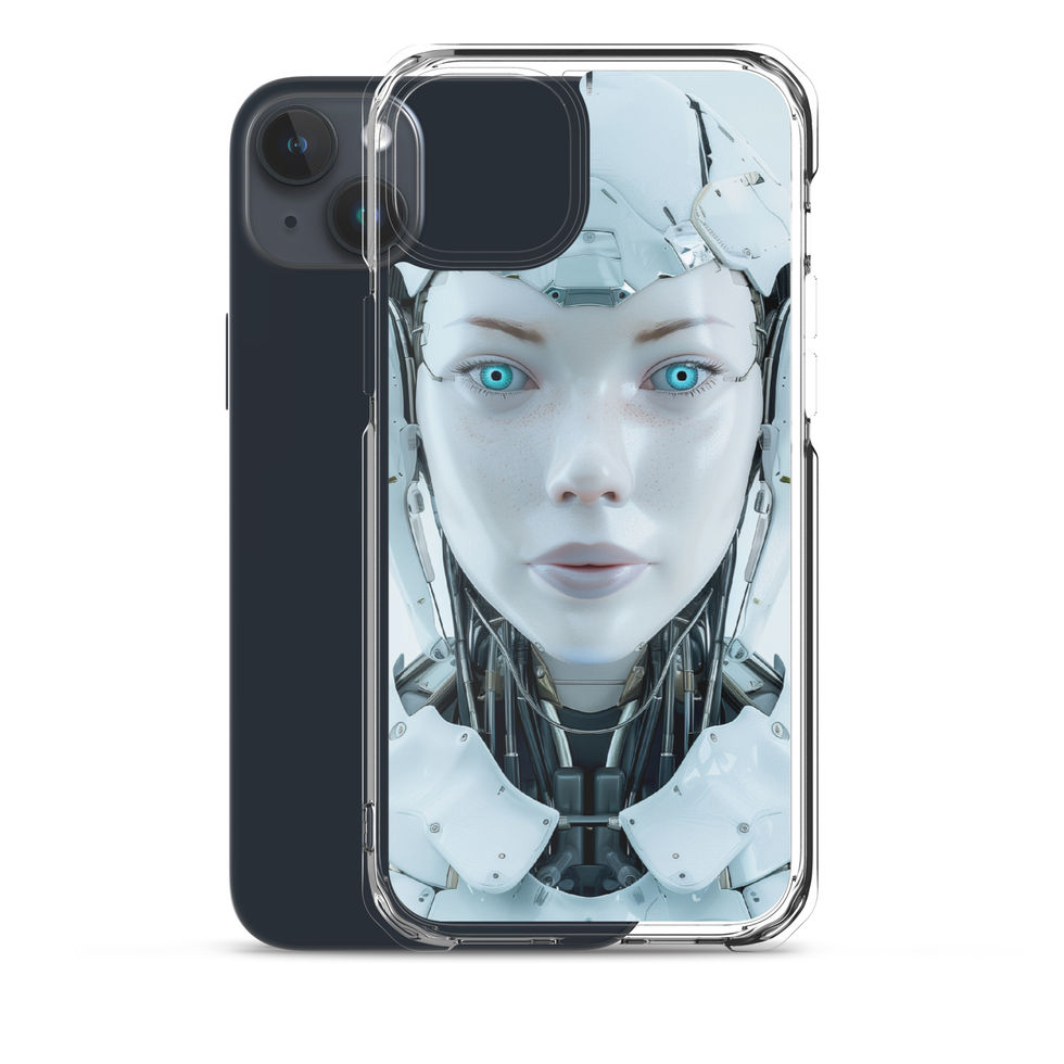 AI Celestia science-fiction portrait on a clear iPhone case – angled case mockup
