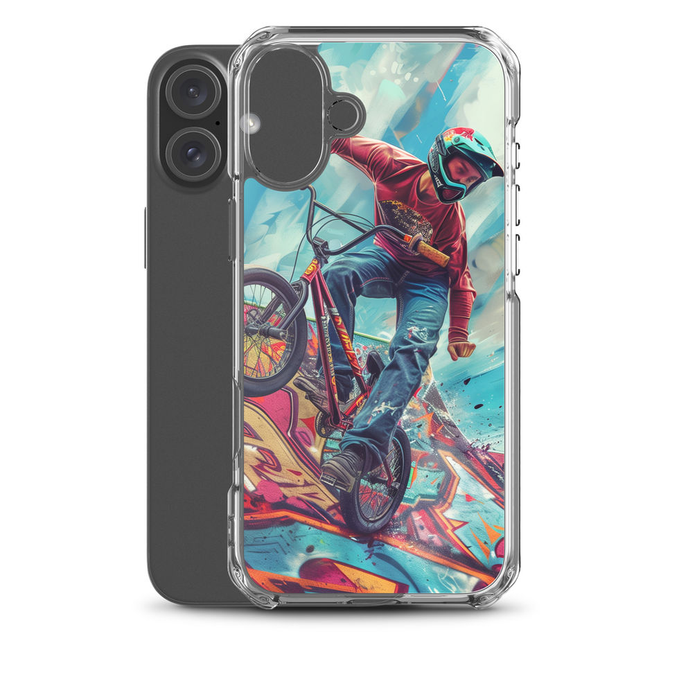 Ramp Rebel Clear case for iPhone 16 Plus, red-jacketed BMX rider and graffiti, rear view on white