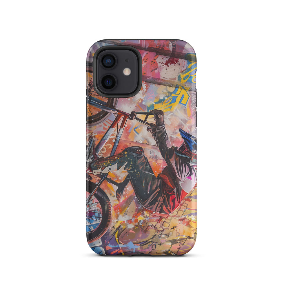 Graffiti Grind Tough case for iPhone 12, BMX rider amid pink and yellow graffiti, rear view on white