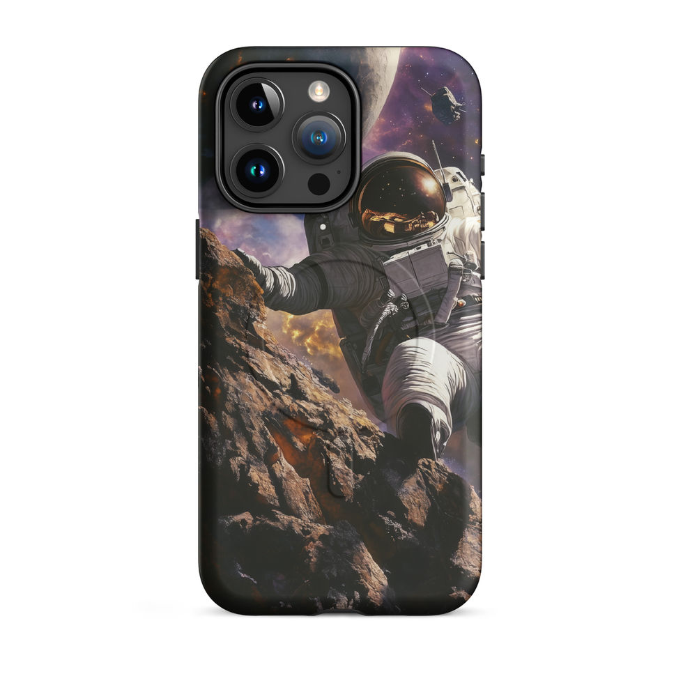 Nebula Wanderer iPhone cover with the space explorer positioned above rugged alien terrain