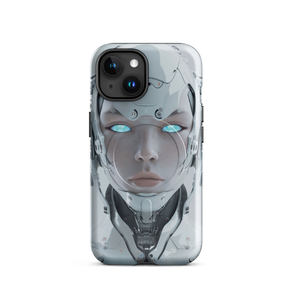 Cybernetic portrait with silver cheek panels; front product view on an iPhone® MagSafe Tough Case.
