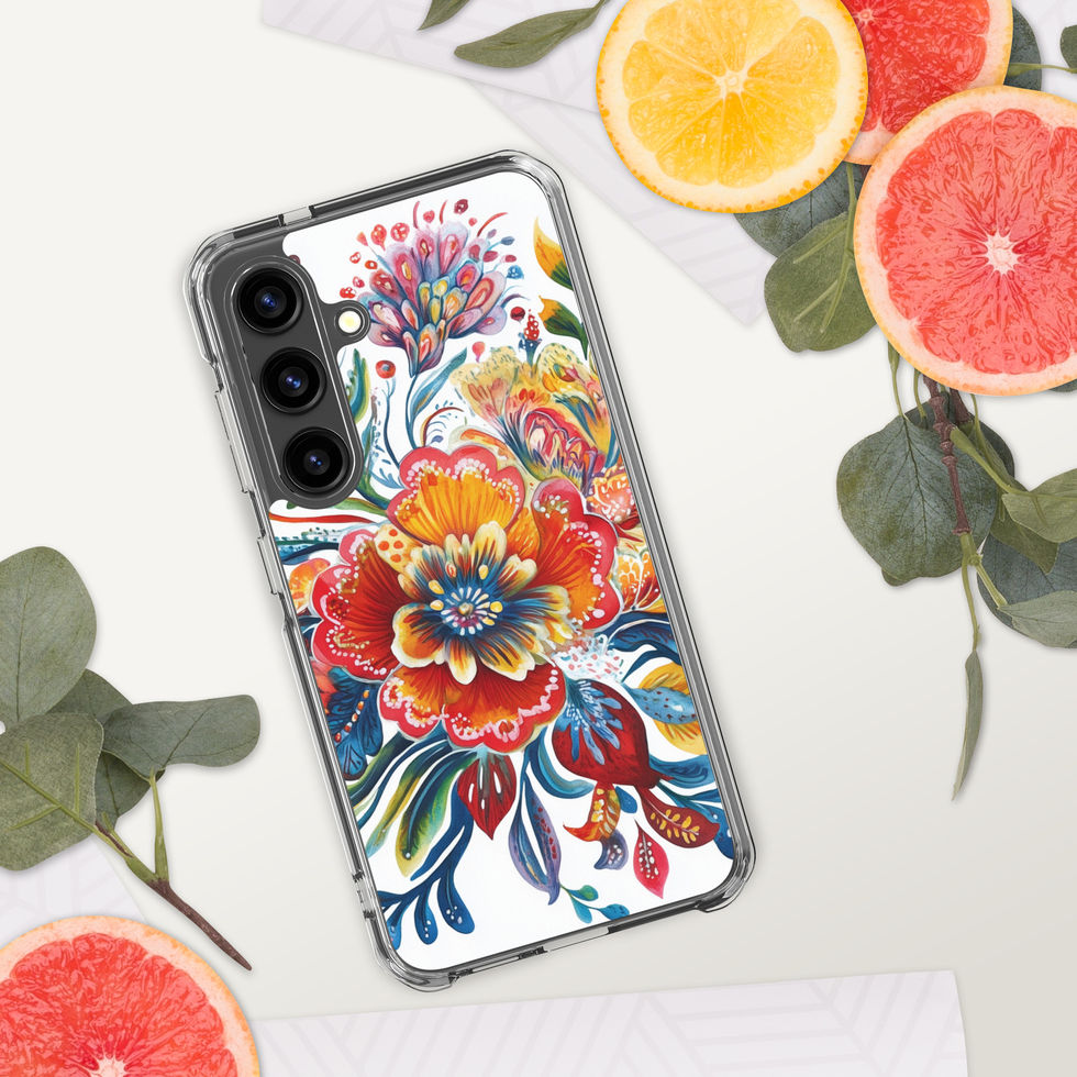 Sunfire Bloom clear floral phone case for Samsung Galaxy S25, angled view showing the clear edges and camera opening