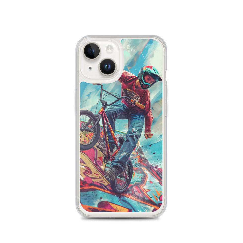 Ramp Rebel Clear case for iPhone 14, red-jacketed BMX rider and graffiti, phone beside case on white