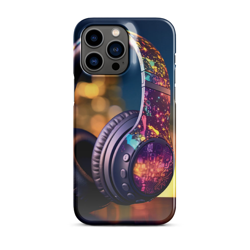 Electric Pulse slim snap case for iPhone 15 with colourful headphones on a warm-lit background