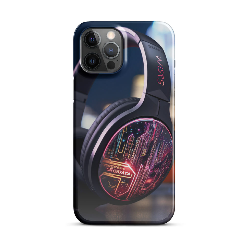 Neon Beats slim snap case for iPhone 13 Mini, dark finish with a circular pink neon music design