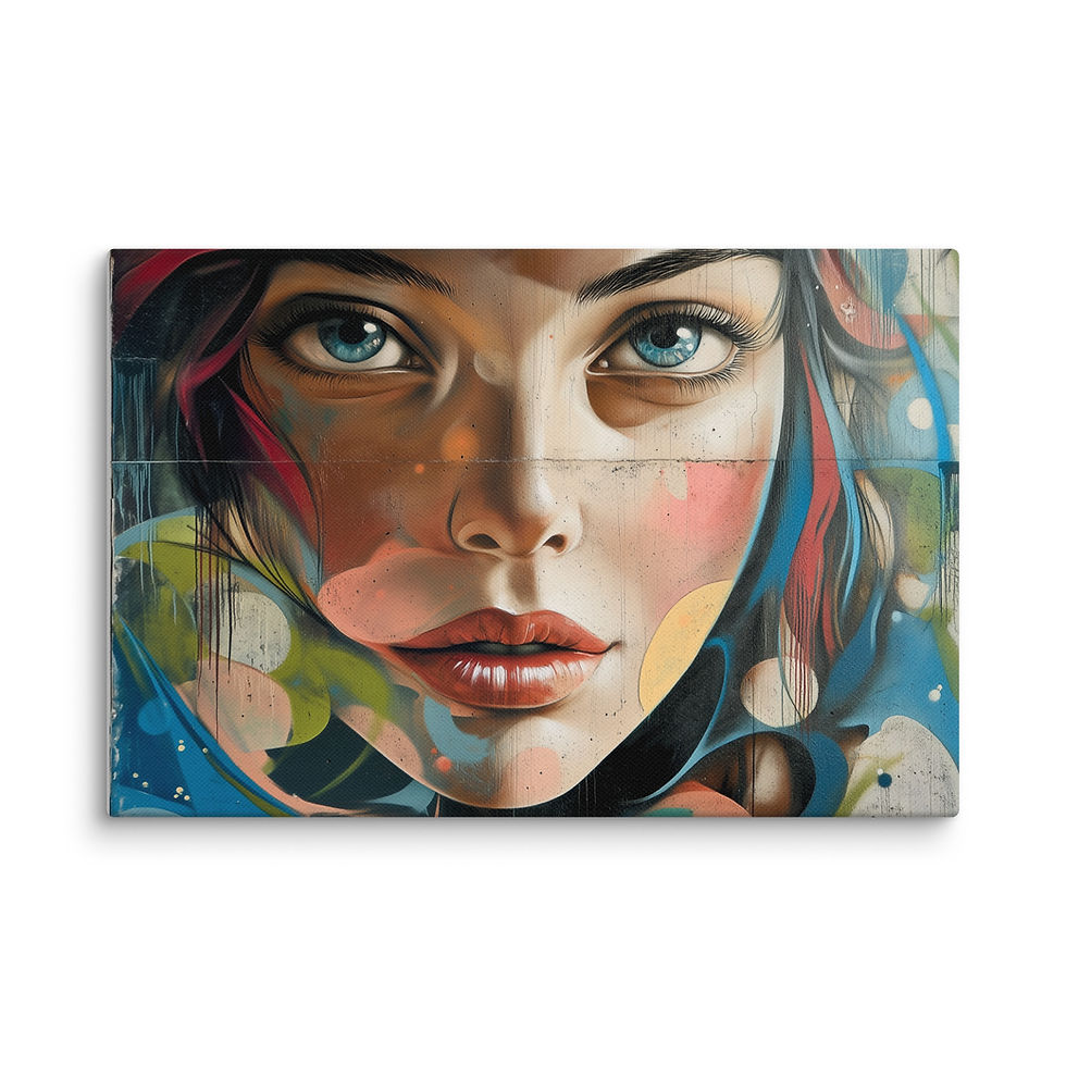 Vivid Gaze canvas print on white: a forward-facing portrait with red accents above dark hair