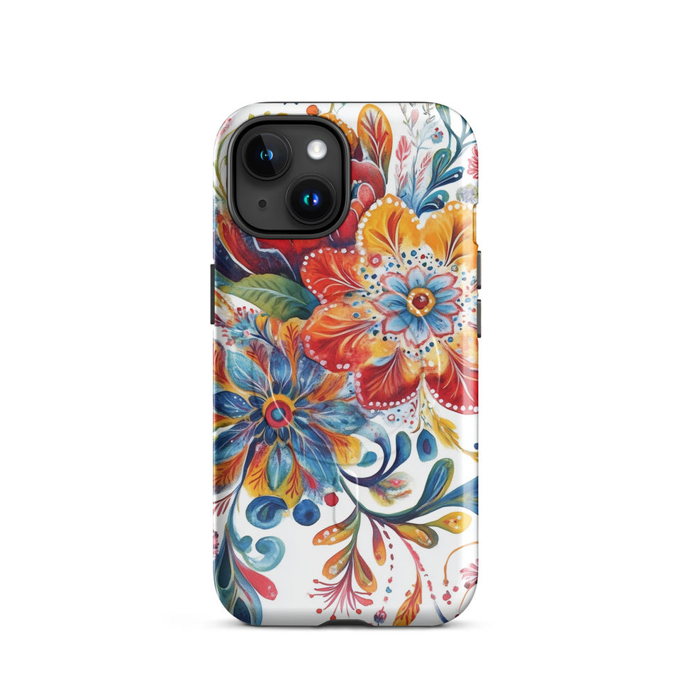 Festival Bloom MagSafe tough case for iPhone 15 Plus, colourful petals and leaves in a rear product view