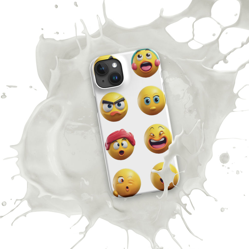 Emoji Frenzy snap iPhone case showing smiling and startled emojis across its upright design, over a white paint splash.