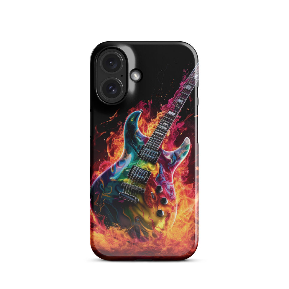 Blazing Riffs slim iPhone Snap Case on a bright desk arrangement, featuring the fiery electric guitar artwork, image 21.