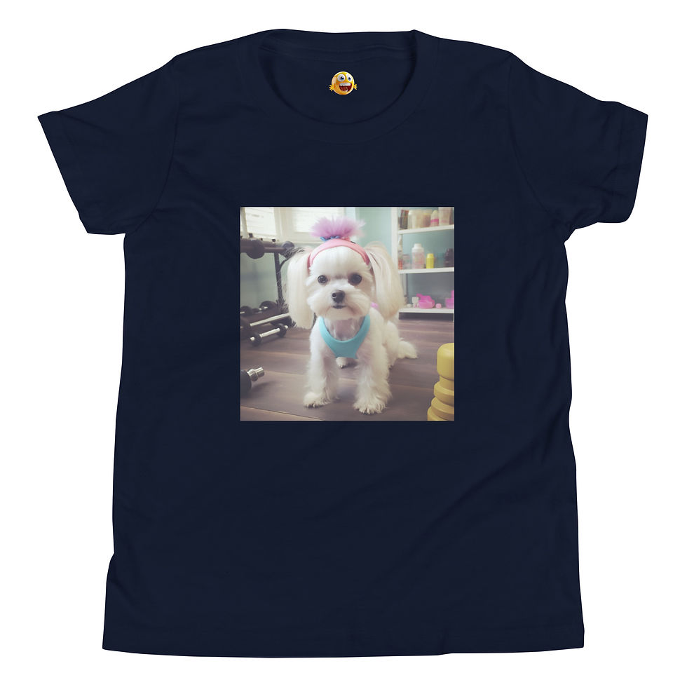 Gym Star Pup: navy blue youth short-sleeve T-shirt with a white puppy in sportswear at a gym