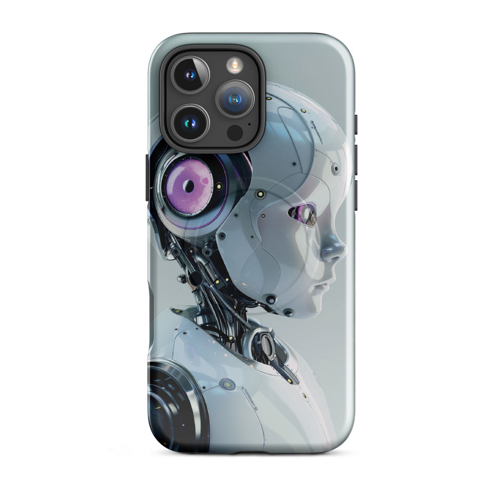 Nano Blossom AI artwork iPhone case with futuristic robot profile and luminous violet lens