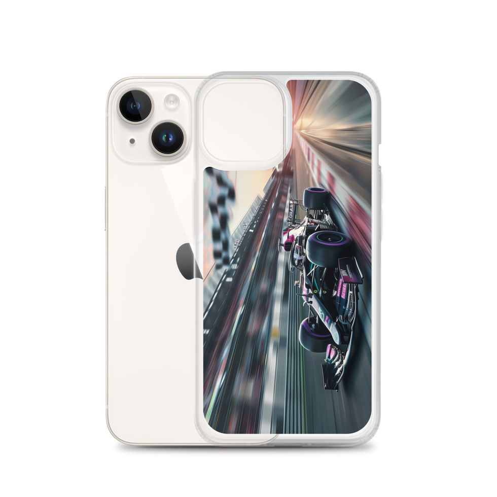 Midnight Velocity Clear case for iPhone 14, race car and night lights, rear view on white