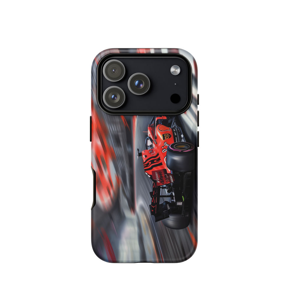 Apex Velocity Tough case for iPhone 17 Pro, red race car and track streaks, rear view on white