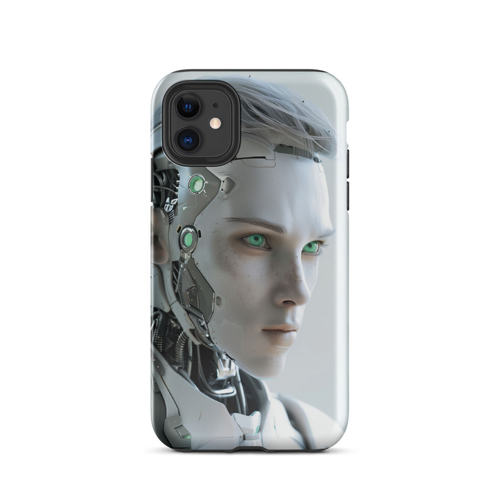 Quantum Guardian tough iPhone case with silver humanoid guardian portrait beside the camera opening