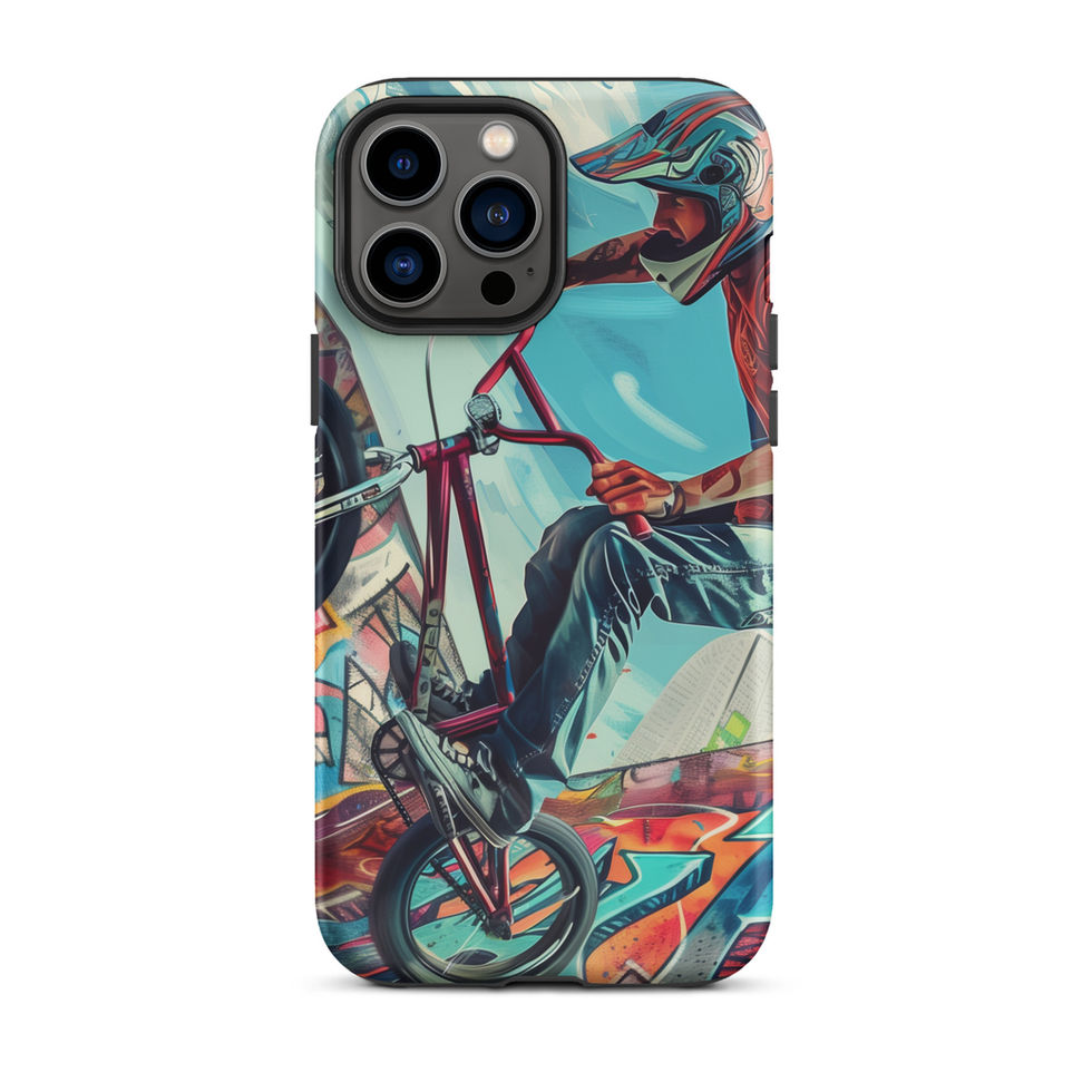 Urban Freestyle Tough case for iPhone 13 Pro Max, BMX rider and colourful graffiti, rear view on white background
