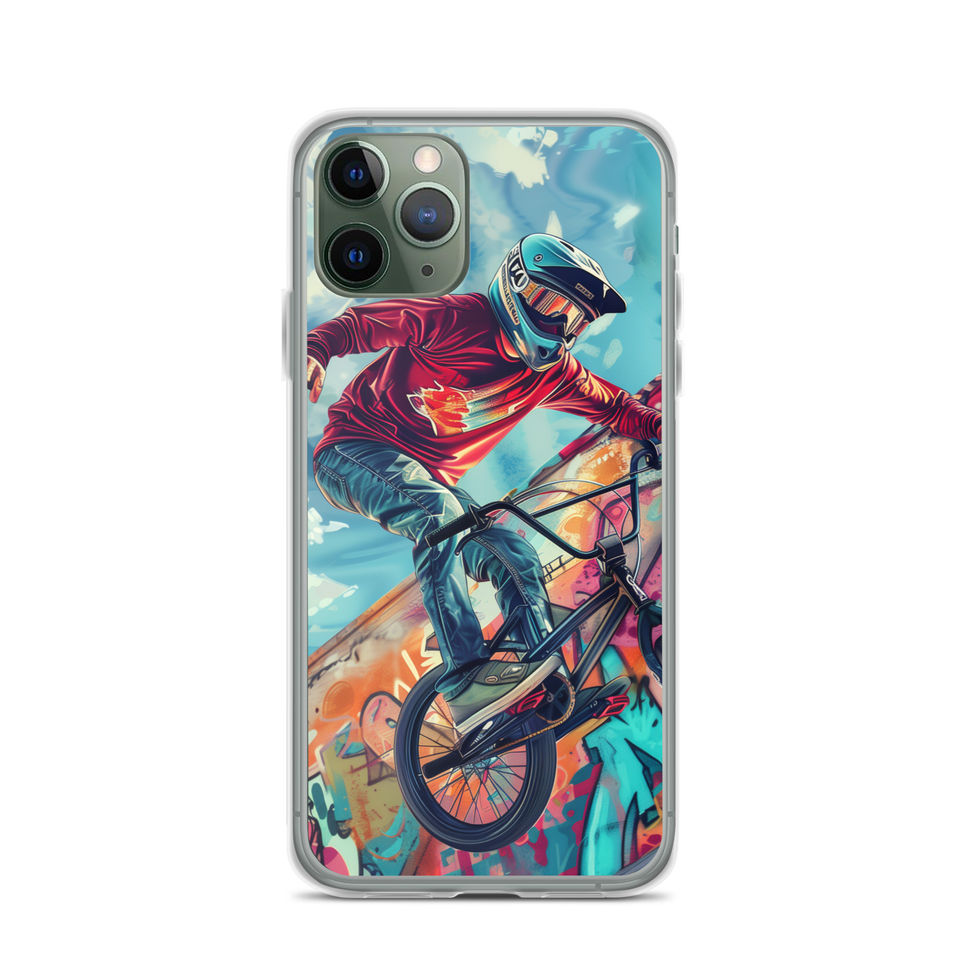 Graffiti Ride Clear case for iPhone 11 Pro, red-top BMX rider and vivid graffiti, rear view on white