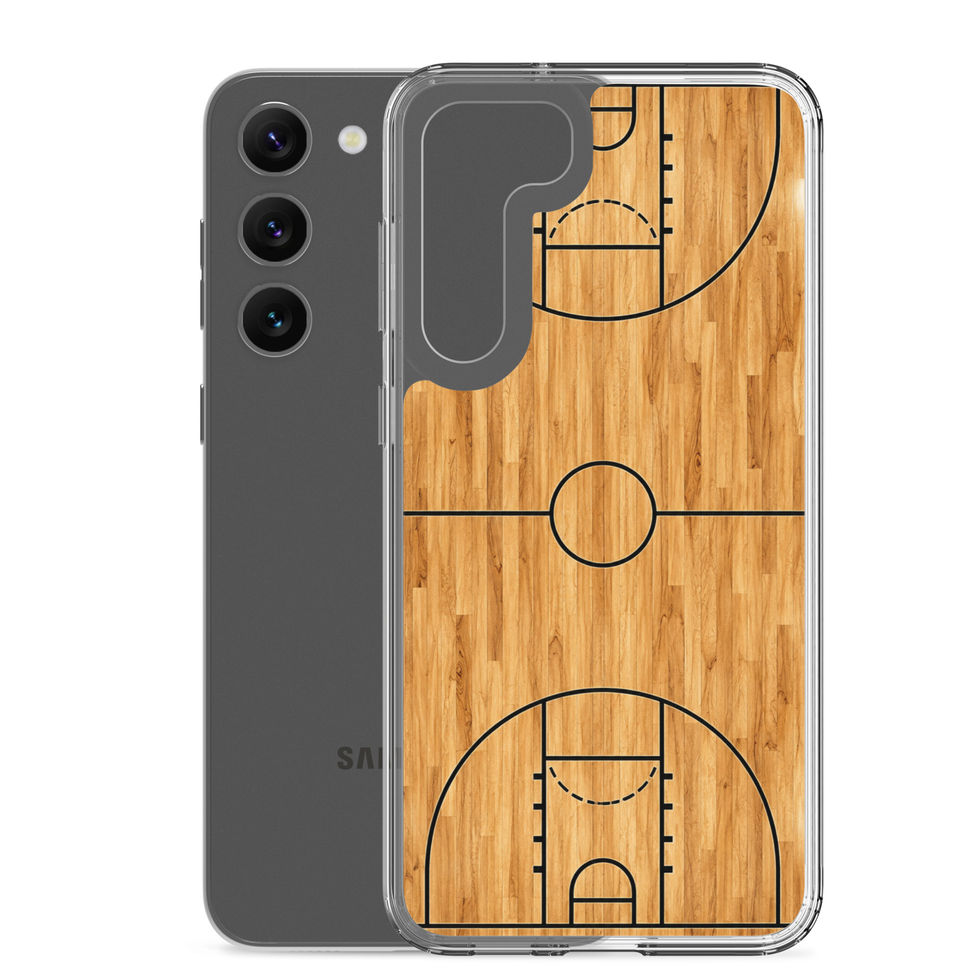 Hardcourt Legacy Clear case for Galaxy S23 Plus, golden wood basketball court artwork, phone and case on white