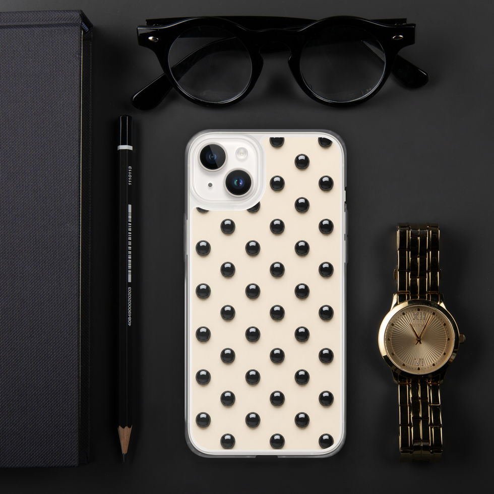 Ivory Noir Dots clear case for iPhone 14 Plus, glossy black dots on ivory cream