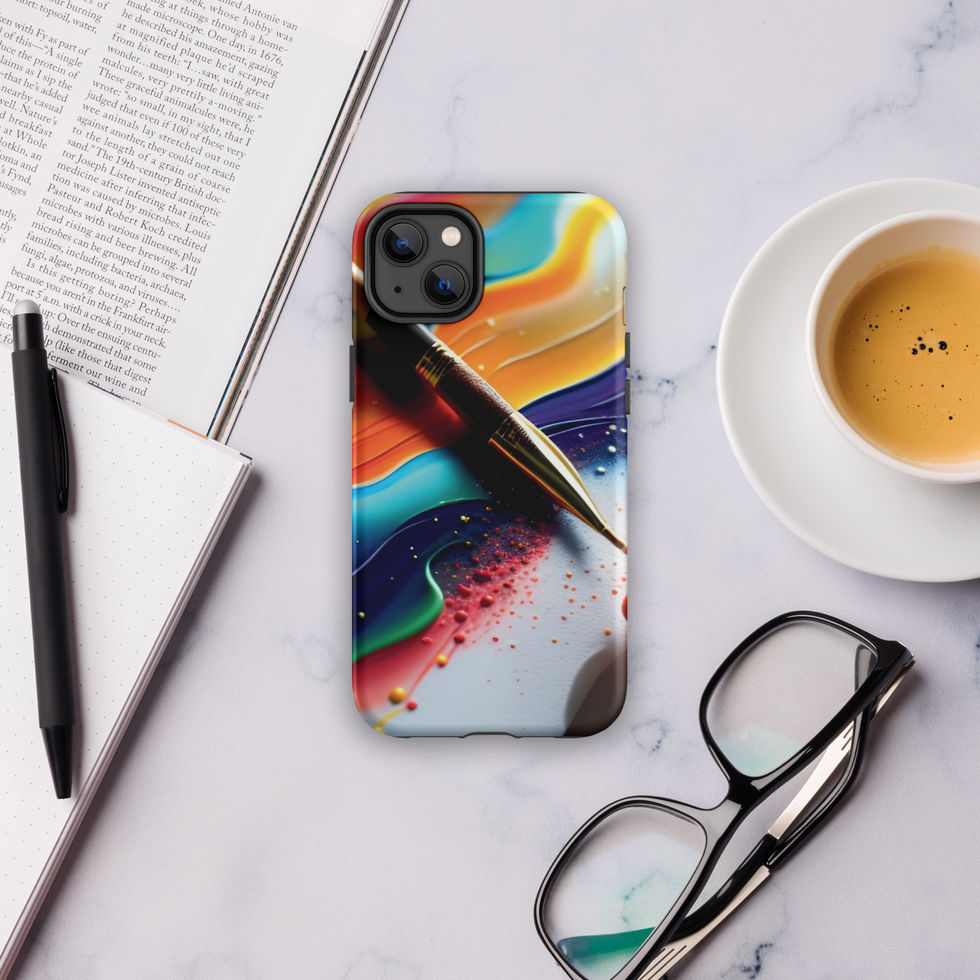 Back view of the iPhone case showing yellow waves above a red flecked corner near a notebook.