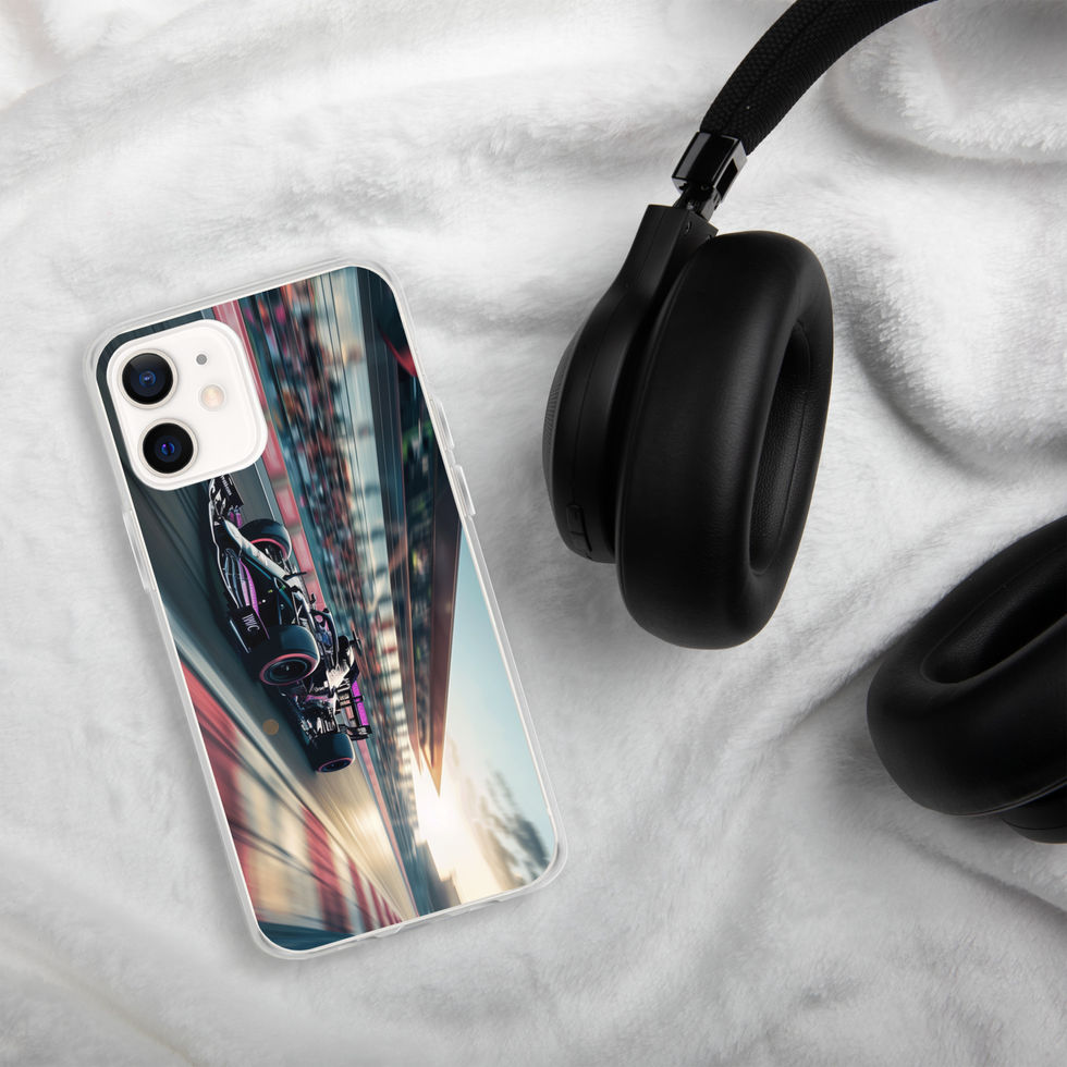 Black n Purple Power Clear case for iPhone 12, purple race car, headphones on grey fabric