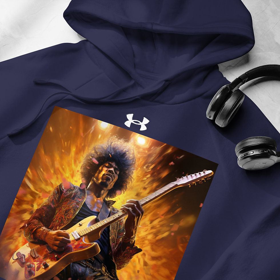 Rock Legend: navy blue Under Armour hoodie with electric guitarist amid golden light bursts, beside headphones