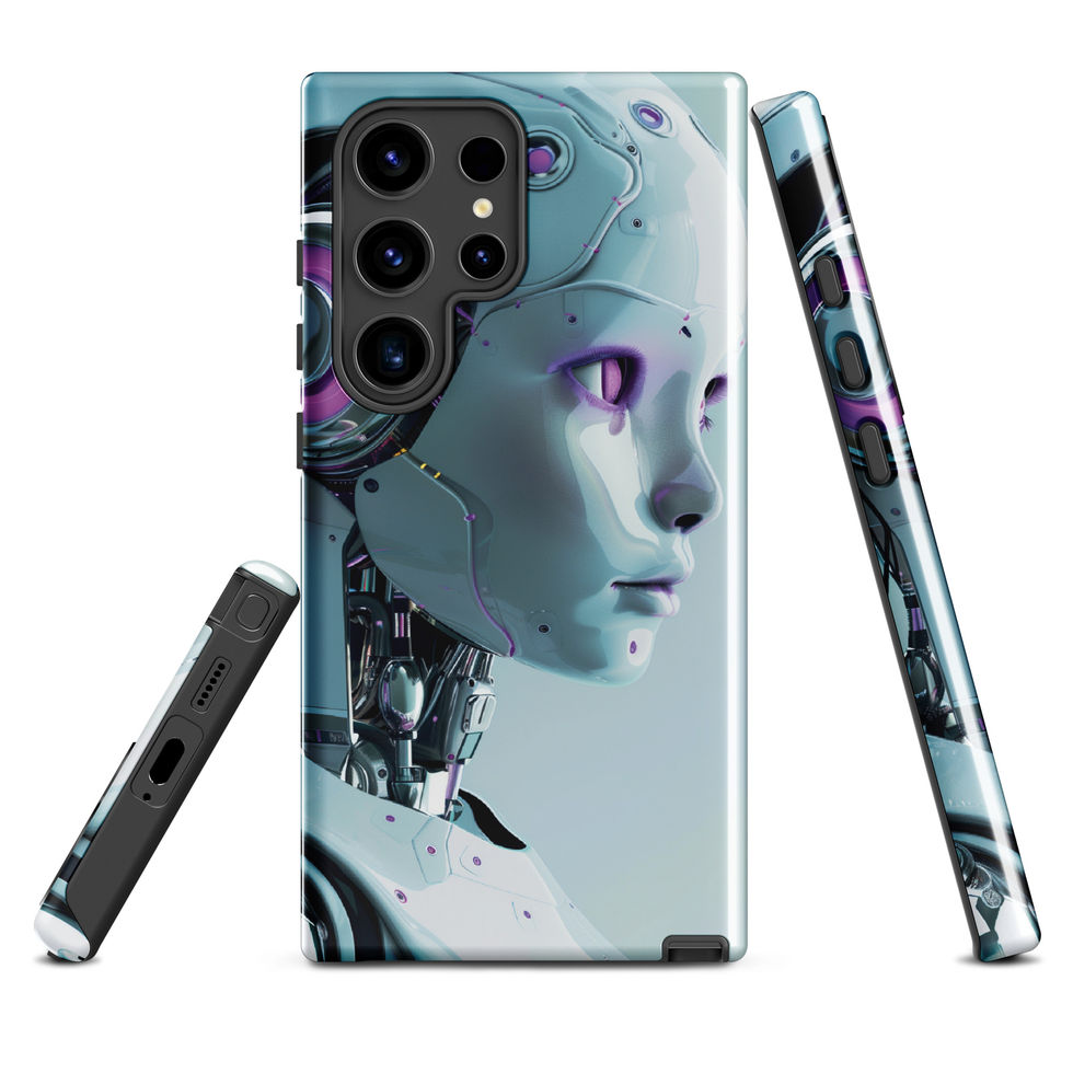 Violet-lit android machinery printed on a protective Samsung case
