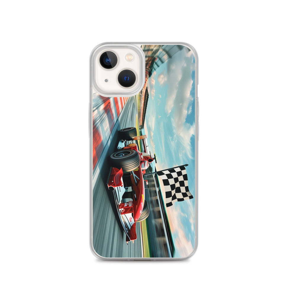 Champion's Glory Clear case for iPhone 13, red race car and chequered flag, phone and case on white