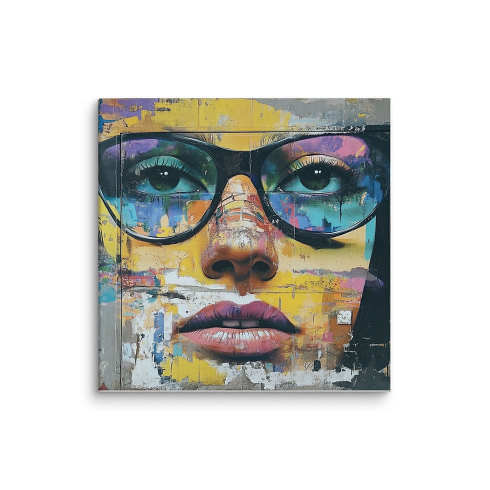 Urban Vision canvas print against a white background: turquoise and purple reflections in oversized glasses