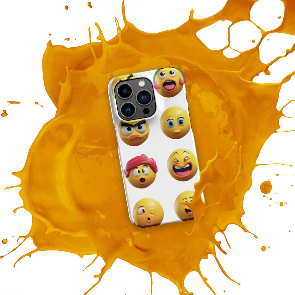 Emoji Frenzy snap iPhone case showing tongue-out emoji across its upright design, over an orange paint splash.