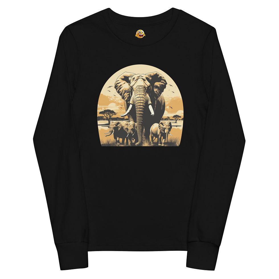 Majestic Herd: black youth long-sleeve T-shirt with elephants against a golden sunset