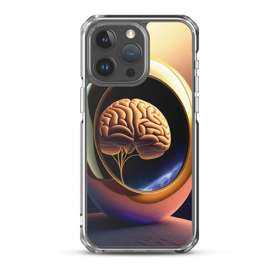 Golden Egg Brain iPhone Clear for iPhone 15 Pro Max, rear mockup 1 with a golden brain inside an egg-like sphere.