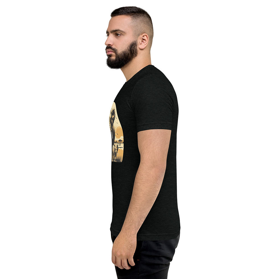Majestic Herd: black tri-blend T-shirt showing left sleeve, worn by man