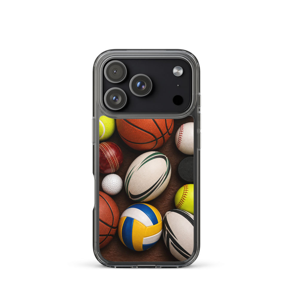 Ball Collection Clear case for iPhone 17 Pro, colourful sports ball collage, rear view on white
