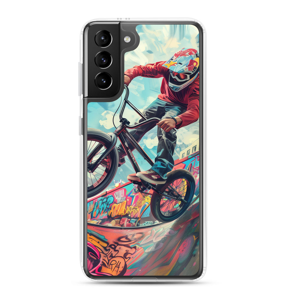 Urban Thrill Clear case for Galaxy S21 Plus, BMX rider above graffiti ramp, rear view on white background