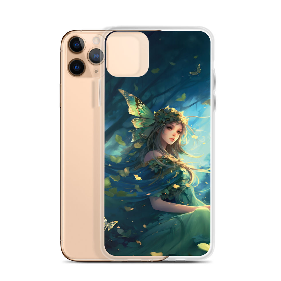 Forest Enchantress iPhone clear case with leafy headdress framing the face