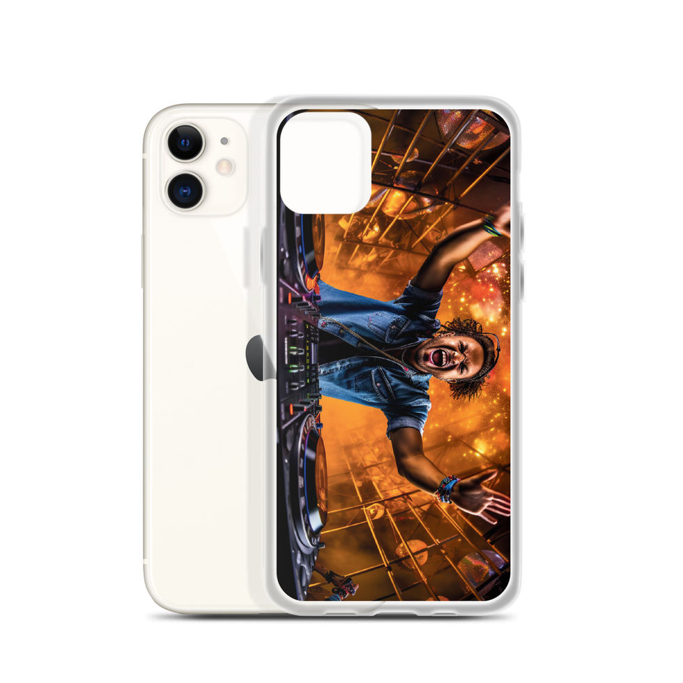 Cosmic DJ clear iPhone case with orange-and-blue DJ art, gallery image 7 of 50