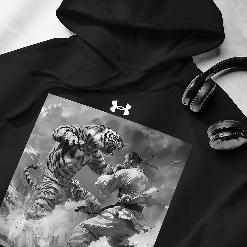 Epic Clash: black Under Armour hoodie with tiger and martial artist in monochrome scene, laid beside headphones