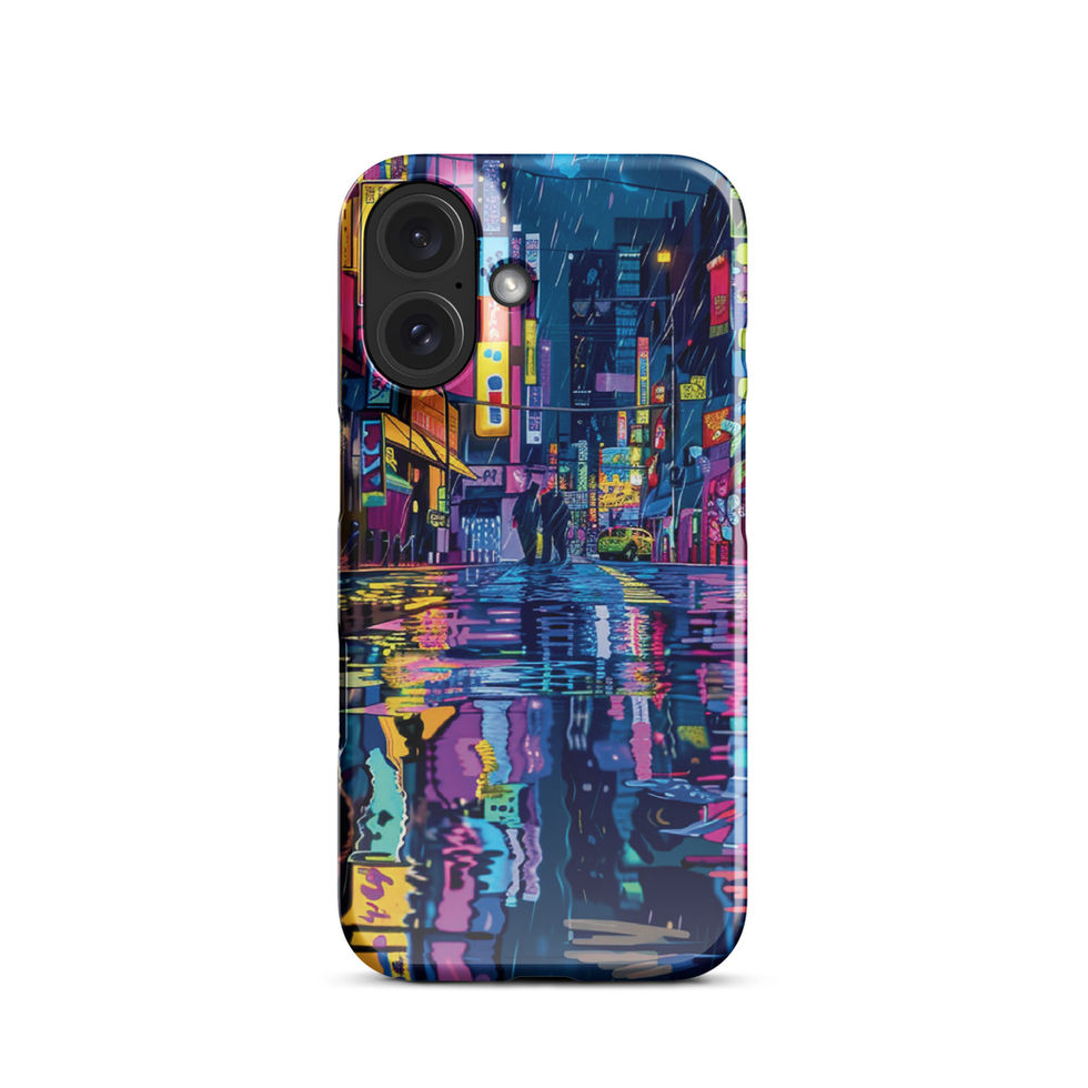 Neon Rain snap case for iPhone displaying dark urban buildings framing a brightly reflected street.