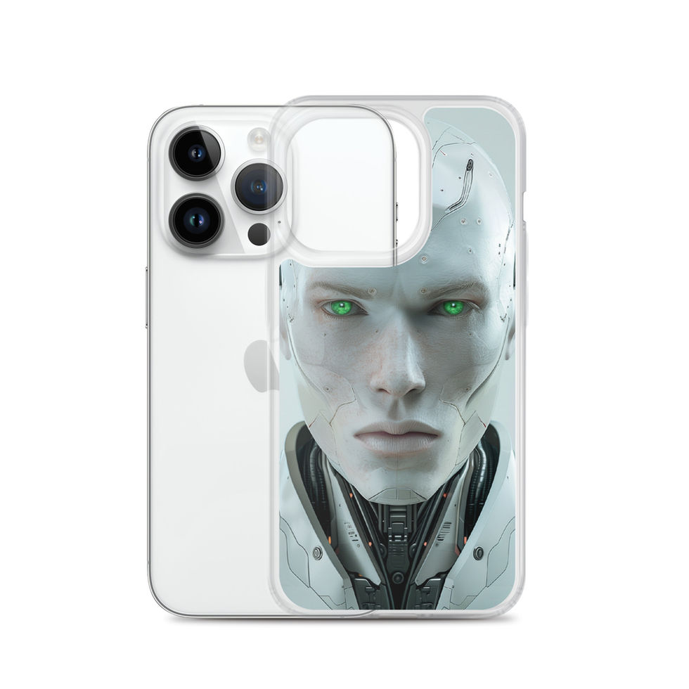 symmetrical science-fiction robot on iPhone clear protective case, angled phone case presentation