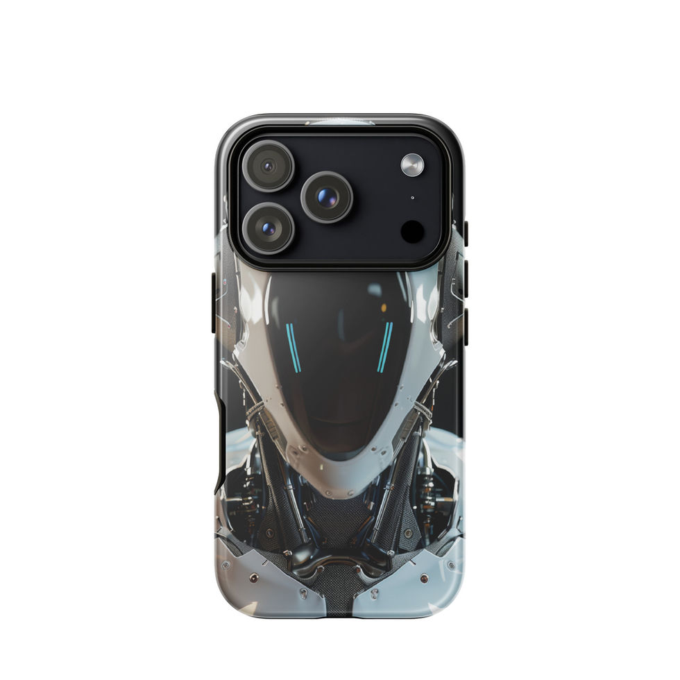 Void Sentinel tough iPhone case – lifestyle phone mockup highlighting the featureless black visor and white cybernetic armour