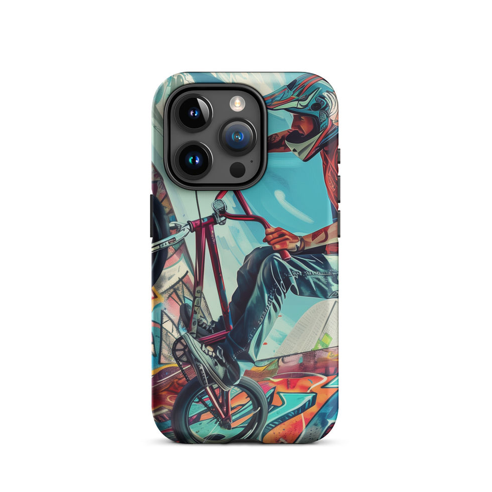 Urban Freestyle Tough case for iPhone 15 Pro, BMX rider and colourful graffiti, rear view on white background