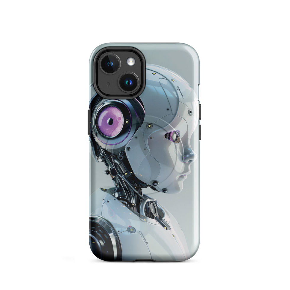 Nano Blossom futuristic robot iPhone case with pink-purple circular cybernetic lens and mechanical armour