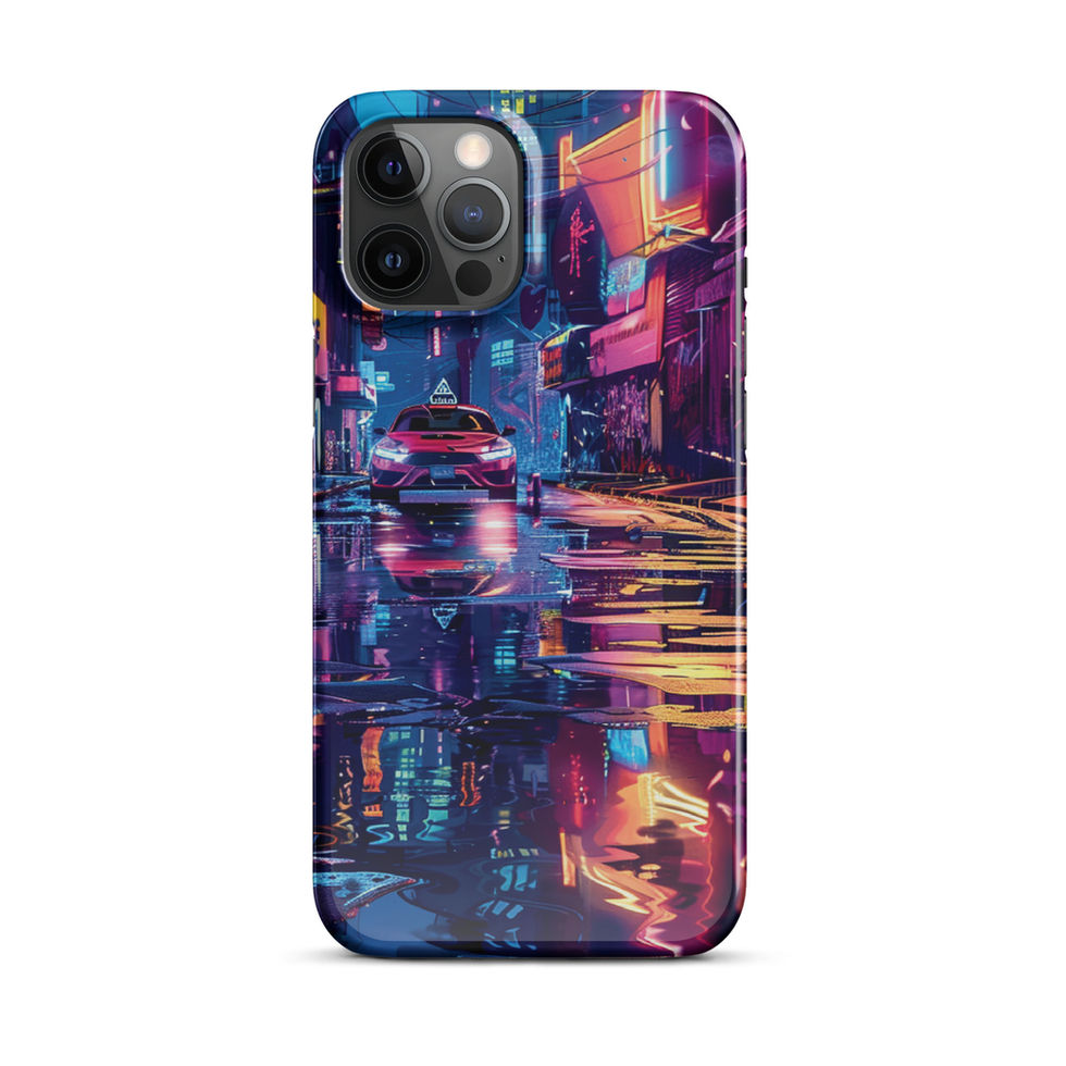 Neon Alley iPhone snap case with bright storefront colours mirrored on the road.