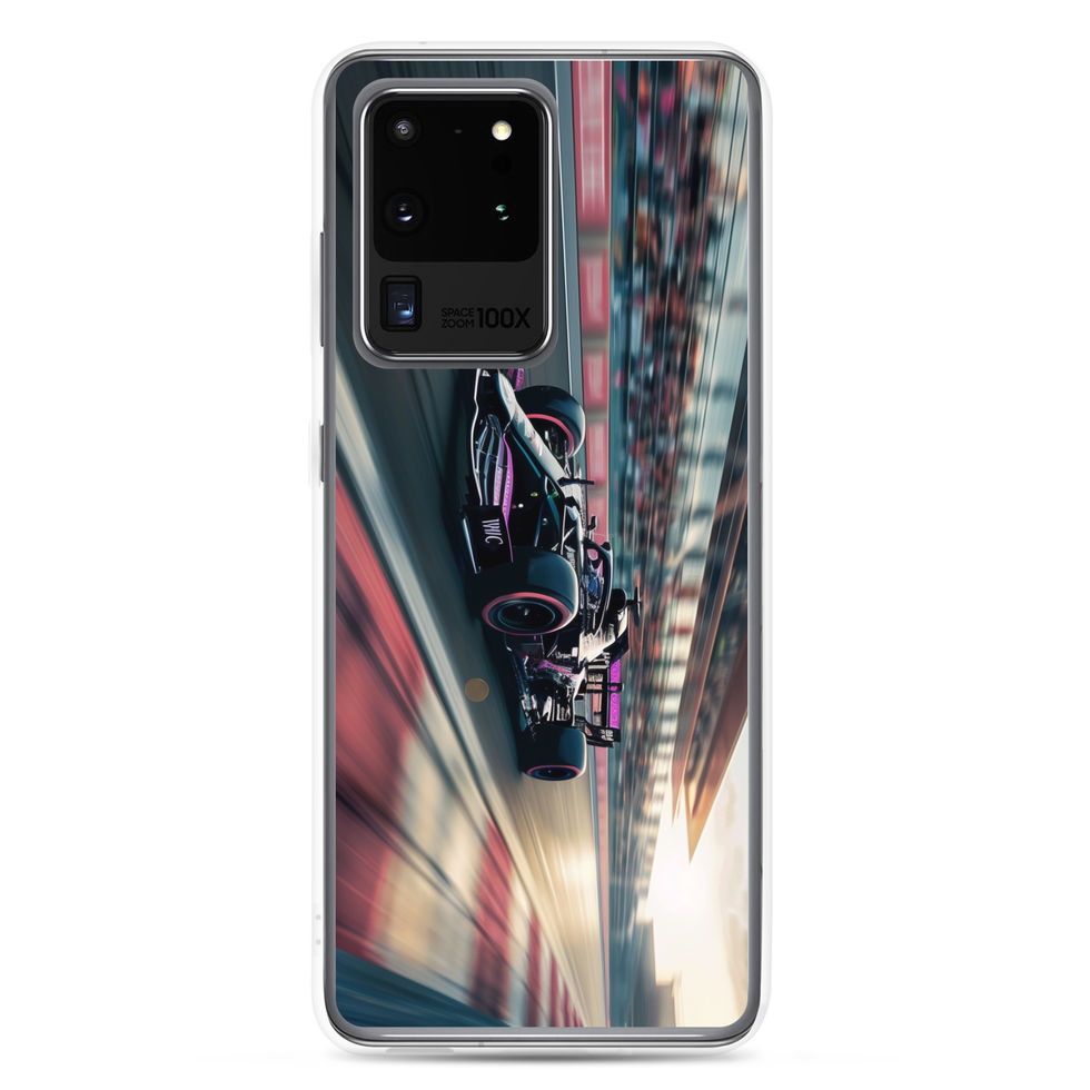 Black n Purple Power Clear case for Galaxy S20 Ultra, black and purple race car artwork, rear view on white