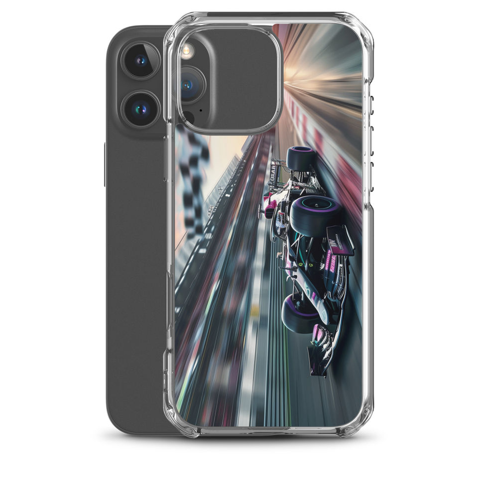 Midnight Velocity Clear case for iPhone 16 Pro Max, race car and night lights, rear view on white